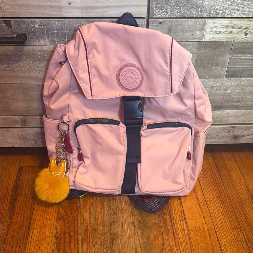 Kipling Pink Drawstring Backpack with Pom Keychain